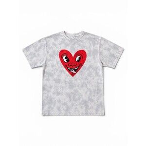 Keith Haring Tie Dye Heart Graphic Tee Gray Red Art Shirt Size Small Streetwear